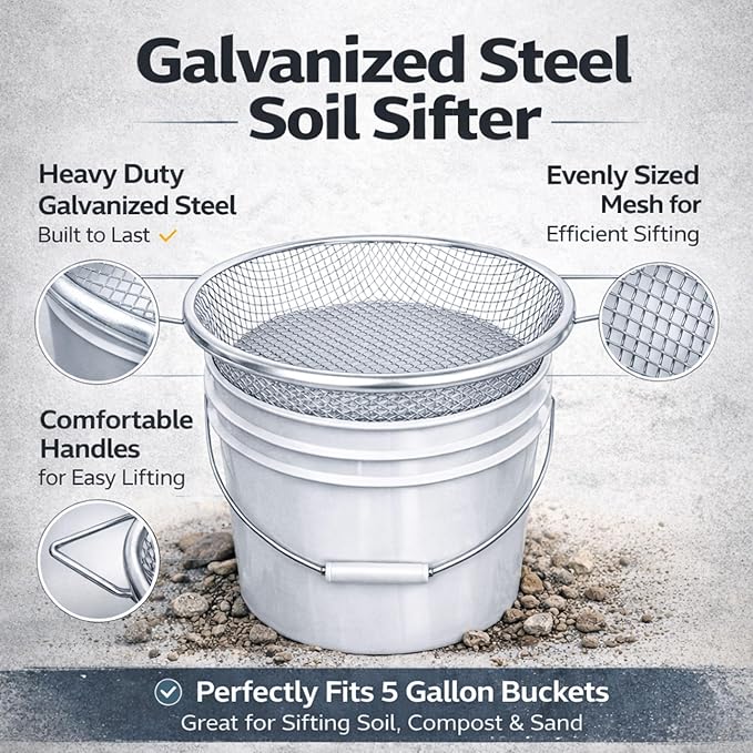 Soil Sifter with Handle, Fits 5-Gallon Buckets — Heavy-Duty Garden Soil Filter Tool (2 PCS 1/4in,1/8in)