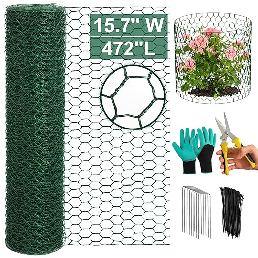 West Bay 39.4Ft x 16In Plant Protectors from Animals, Plant Cages for Outdoor Plants, Chicken Wire Netting to Keep Animals Out, Metal Mesh Plant Protector with Ground Stakes, Nylon Ties & Pliers