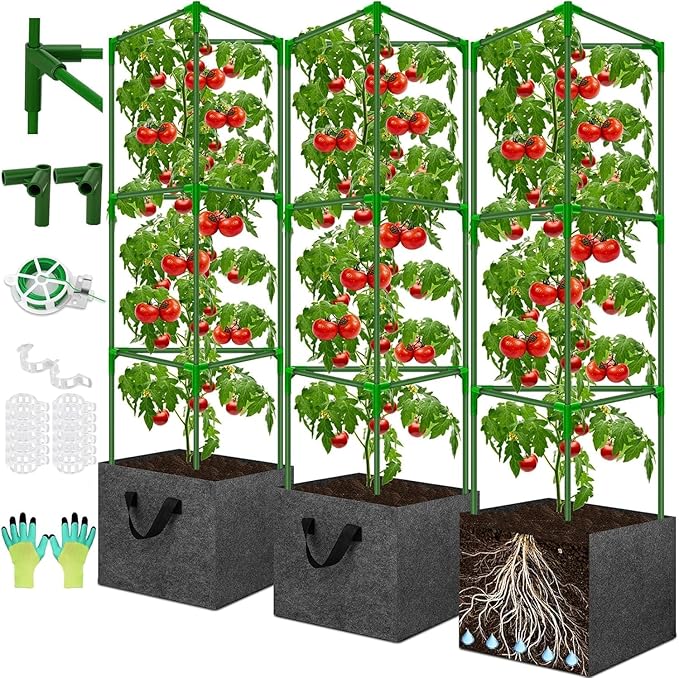 Tomato Cages for Garden with 3 Grow Bags 10 Gallons, 3 Pack Metal Tomato Cage Trellis, Garden Cage Heavy Duty Tomato Stake Support