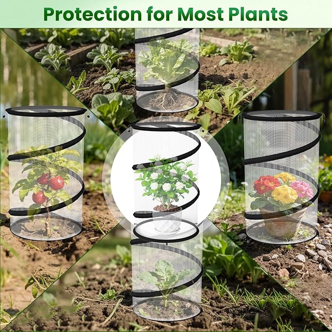 Erinaik 4 Pack Pop up Plant Guard Covers Tent from Animals White, 19.6" x 11.8" Foldable Plant Protectors Mesh Net, Garden Plant Enclosure Protection Cage with Stakes & Carry Bag for Outdoor Plants