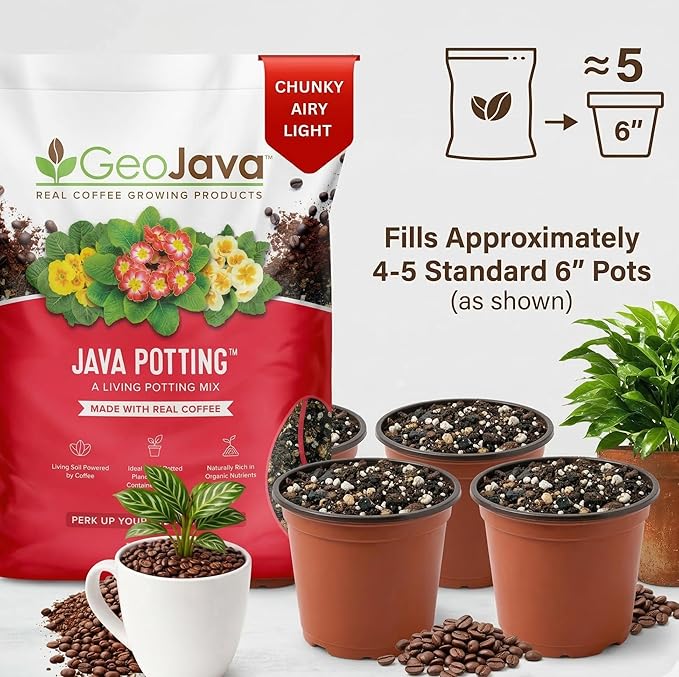 Java Potting Soil: A Chunky, Coffee‑Infused Living Potting Mix for Aroids, Monstera, Calathea, Tropical and Indoor Plants. Airy & Light with Excellent Drainage & Aeration. USA Made (6 QT)