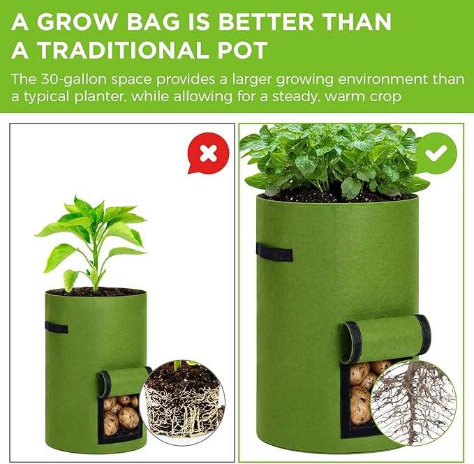Yoojahow 2 Pack 30 Gallon Potato Grow Bags with Harvest Window, Durable Garden Planter Bags with Handles for Potatoes, Tomatoes, and Vegetables - Indoor & Outdoor Gardening Supplies (Green)