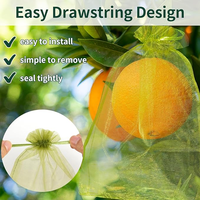 50 Pcs Fruit Protection Bags, 7.5×11.5 Inches Green Fruit Nets for Fruit Tree, Drawstring Mesh Cover Bags to Protect Vegetables Tomato Strawberry Garden