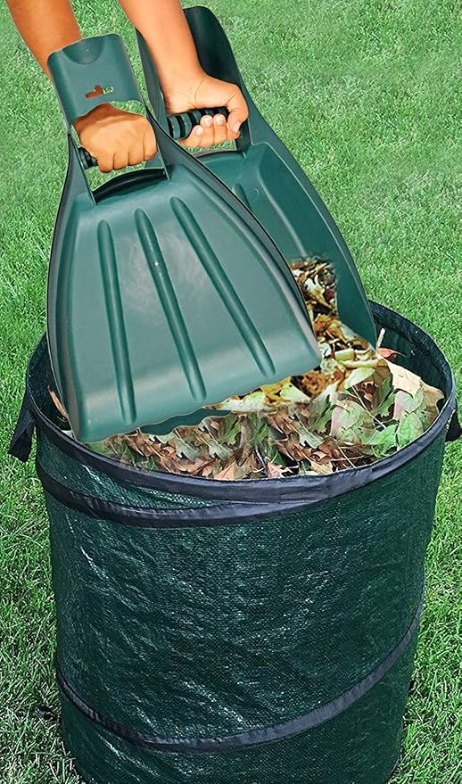 Home-X Leaf Collector Hand Scoop Set, Leaf Collector Shovels with Handles for Garden and Yard Landscaping, Gardening Hand Tools, Set of 2, 21" L x 14" W x 2" H, Green
