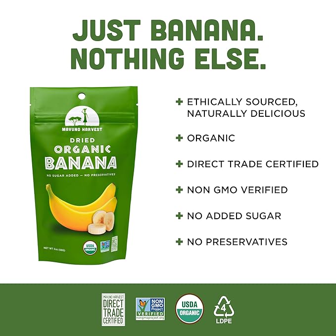 Mavuno Harvest Dried Banana Chips Fruit Snacks | Organic Dried | Healthy for Kids & Adults | Unsweetened Chips | Gluten Free | Vegan, Non GMO, Direct Trade | 2 Oz, Pack of 3