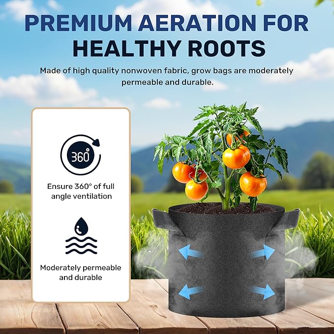 Simple Deluxe Grow Bags 5 Gallon 5 Pack Planter Pots with Handles, Thickened Nonwoven Fabric Aeration Cloth Bag, Heavy Duty Gardening for Tomoato, Potato, Vegetable, Herbs and Flowers, Black