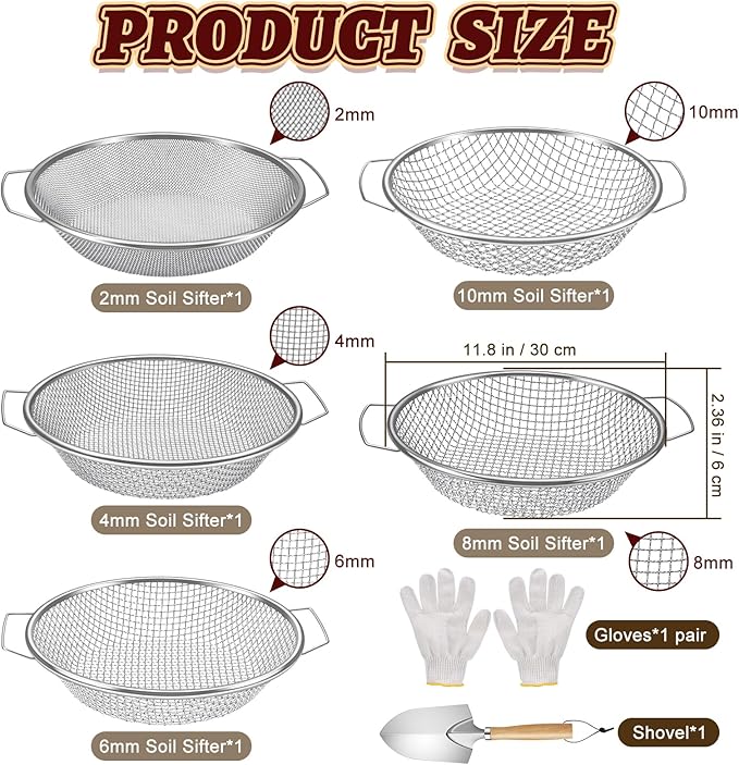 5PCS Soil Sifter, Gardening Soil Sifter with Handle Rock Compost Sifting Screen for 5 Gallon Buckets Garden Metal Sieve Strainer with Shovel 2,4,6,8,10mm Mesh Sizes Remove Stone Fine Gravel Sand Dirt