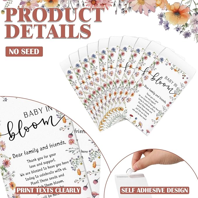 Fumete 50 Pcs Baby Shower Seed Packet Self Adhesive Kraft Envelopes Baby in Bloom Seed Storage Packets Mini Kraft Retro Paper Organizer for Gender Reveal Party, No Seeds(Cute)