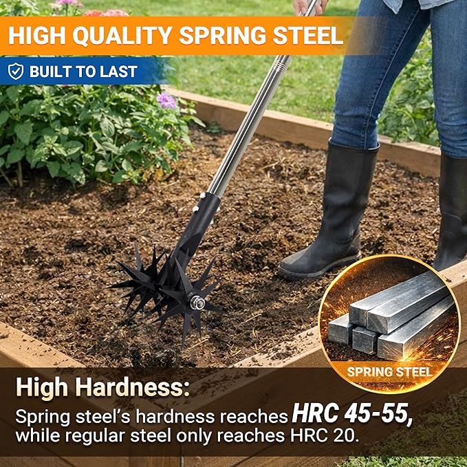 66in Rotary Cultivator with Tempered Spring Steel Tines and Adjustable Stainless Steel Handle Manual Garden Tiller Tool for Loosening Soil Mixing Fertilizer