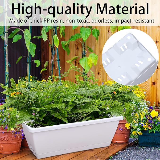 CHUKEMAOYI Window Box Planter, 7 Pack Plastic Vegetable Flower Planters Boxes 17 Inches Rectangular Flower Pots with Saucers for Indoor Outdoor Garden, Patio, Home Decor (White)
