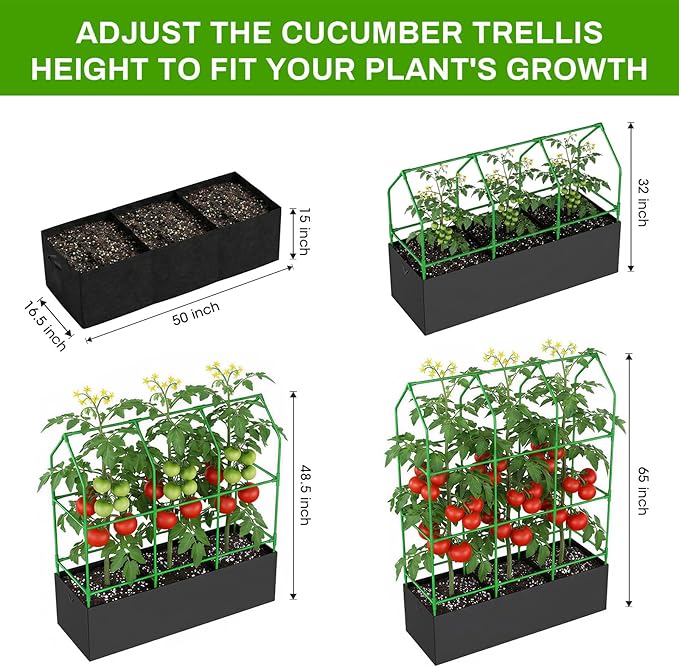 Large Cucumber Trellis with Grow Bag, 65" Tall Metal Garden Trellis for Climbing Plants Outdoor, Reusable Cucumber Trellis for Raised Bed with Netting for Tomatoes, Peas, Grapes Plant Support