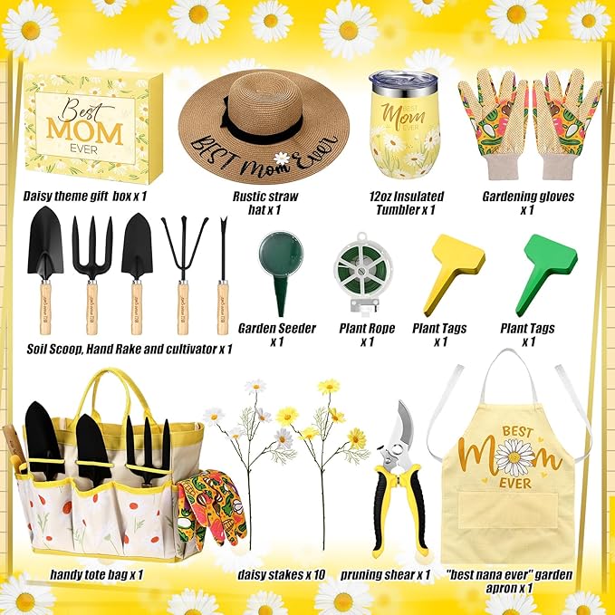 Lasnten 16 Pcs Mothers Day Garden Gift for Mom Women Gardening Supplies Daisy Birthday Garden Tools Set from Daughters Gloves Apron Insulation Cup Fork Trowel Tote Bags for Plant Lover Present