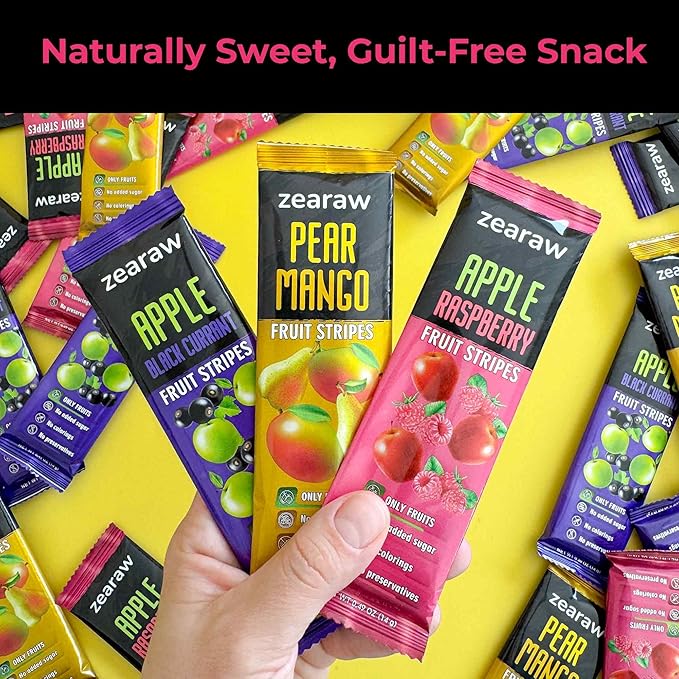 ZEARAW Healthy Fruit Snacks for Adults and Kids – 30 Fruit Leather with Dried Black Currant, Pear-Mango, Apple-Raspberry – Vegan Low-Carb Variety Pack Strips for Kids – Sugar Free Bars