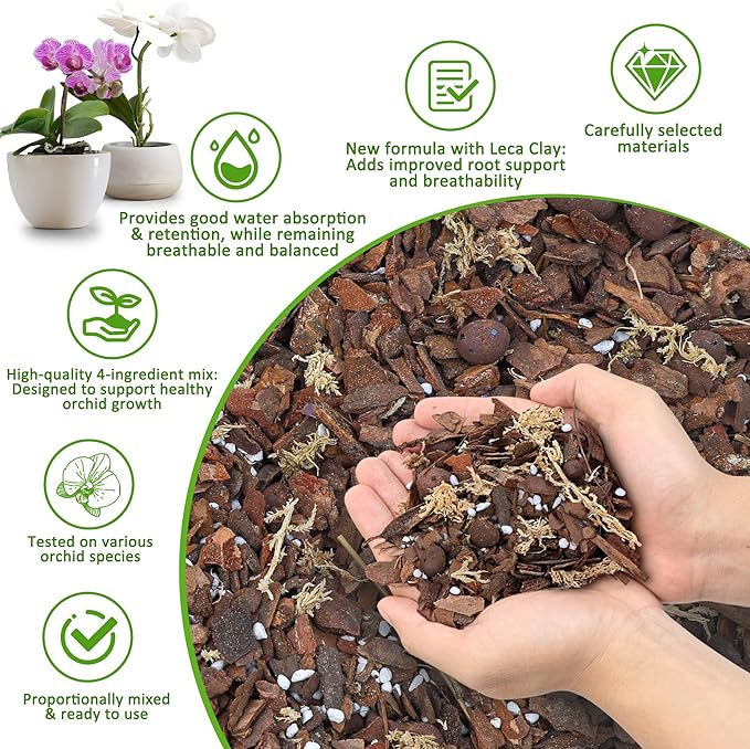Orchid Bark Potting Mix 29QT - Orchid Soil Mix with Pine Bark, Perlite, Sphagnum Moss & Leca Clay, Fast-Draining Mix for Repotting Phalaenopsis & All Epiphytic Orchids, Indoor Orchid Mulch