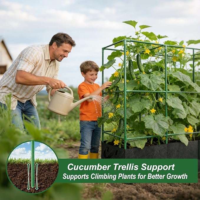 Cucumber Trellis with 46 Gallon Grows Bag, 51x17x65Inch Squar Outdoor Indoor Greenhouse Tomato Cage, Garden Trellis with Plant Support Clips for Climbing Plants Squash, Vegetables, Pumpkin, Pea, Grape