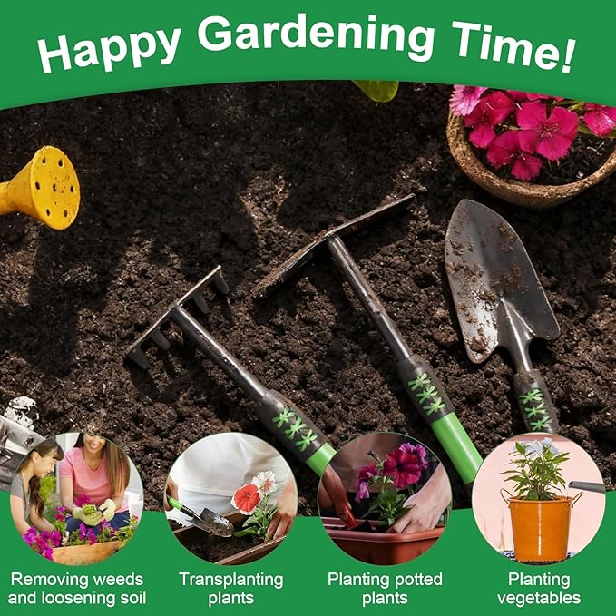 Garden Tool Set, 3 Pack Lightweight Heavy Gardening Kit Including Hand Shovel, Transplant Shovel and Hand Rake with Soft Rubber Non-Slip Handle, for Planting Weeding Digging, Green ﻿