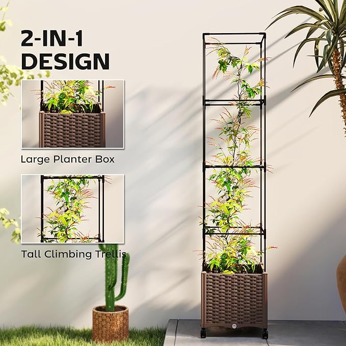 Outsunny Raised Garden Bed with Trellis, 71.7" Tomato Cage with Lockable Wheels, Self Watering Outdoor Planter Box with Drainage Holes and Plugs for Climbing Plants, Vines, Vegetables, Flowers, Brown