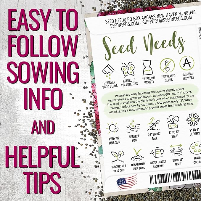 Seed Needs Mixed Peony Poppy Seeds for Planting - Heirloom & Open Pollinated - Colorful Mixture to Plant an Outdoor Butterfly Garden, Attracts Pollinators (5 Packs)