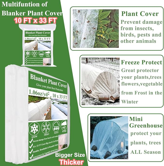 Plant Covers Freeze Protection 10 x 33Ft with 20 Stainless Steel Clips- Frost Cloths Plant Blankets Floating Row Cover for Outdoor Plants Winter Raised Bed Greenhouse Frost Sun Protection