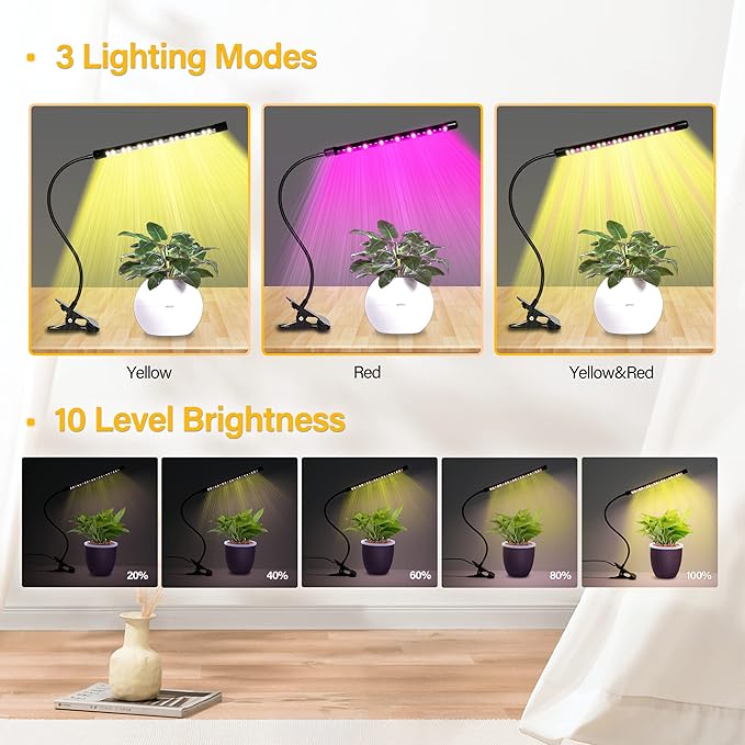 iPower LED Grow Light with Full Spectrum for Indoor Plants, Adjustable Gooseneck, 2/3 Light Modes&5/10 Dimmable Levels, 3 Auto Timing Modes, 1 Tubes, Yellow