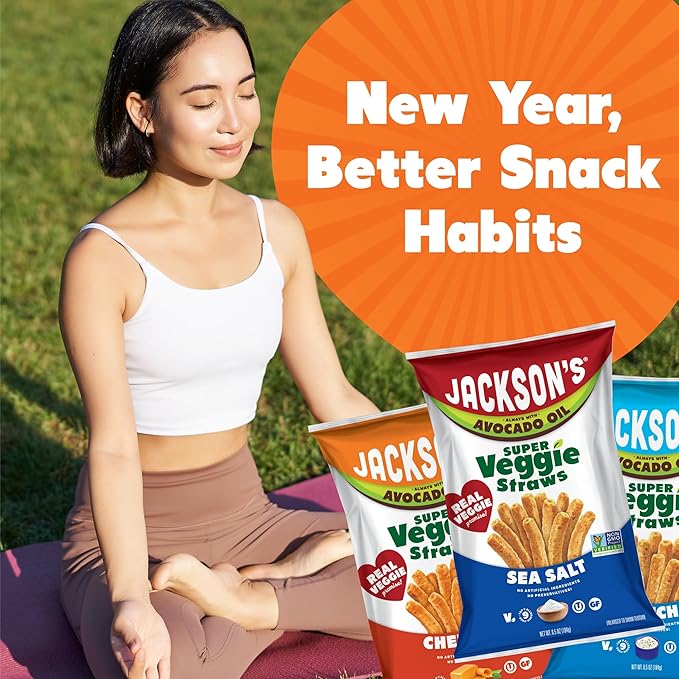 Jackson’s Super Veggie Straws Variety Pack (6.5 oz, Pack of 6) – Ranch, Cheddar, Sea Salt – Gluten Free, Made with Premium Avocado Oil, Veggie Chips, Snack Variety Pack, Veggie Straws Individual Bags