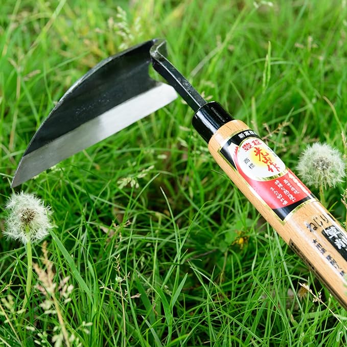 HONEN Japanese Nejiri Kama Weeding Sickle, Thin Composite Steel Blade for Sharp Precision Weeding in Tight Spaces, Wood Handle, Made in Japan