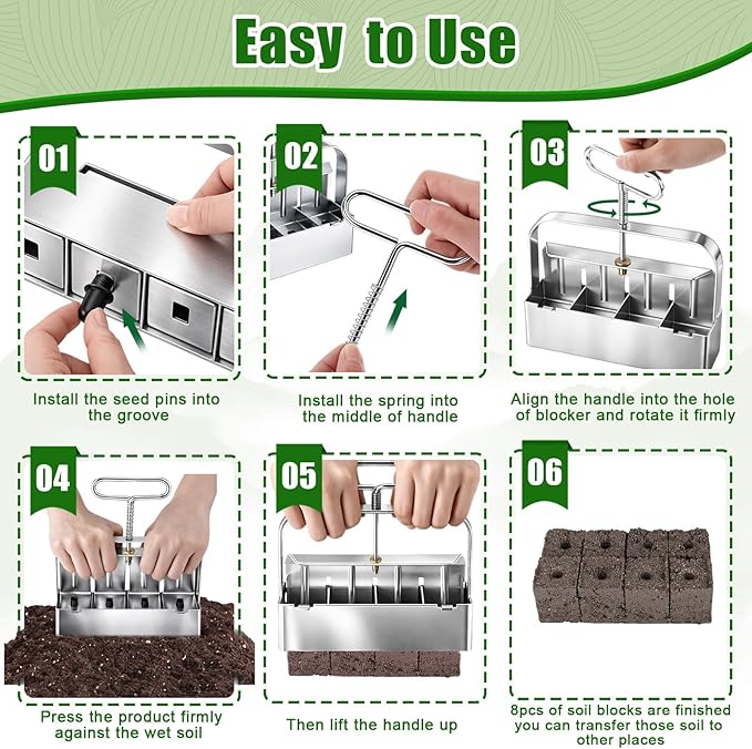 Soil Blocker with 5 Large Stainless Steel Seedling Trays 4 Cell Handheld Seed Blocker 2" Quad Soil Block Maker with 3 Types Seed Pins Water Catch Tray for Seeds Stater Pot Transplant Tray