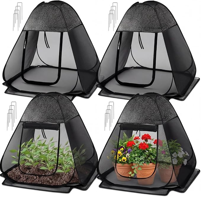4 Pack Pop up Plant Shade Tent with UV Top, Garden Mesh Tent Cover with Zipper Door and 16 Stakes, Sunblock Plant Shade Cloth for Outdoor Vegetables Flowers Shrubs(22x22x23in)