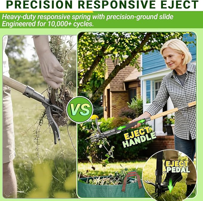Weed Puller Tool, Heavy Duty Gardening Hand Tools with 4-Claw Steel Head & Dual-Eject Mechanism, 57.5" Bamboo Long Handle Stand Up Weeding Tool for Lawn Yard, Includes 16 Gallon Leaf Bag