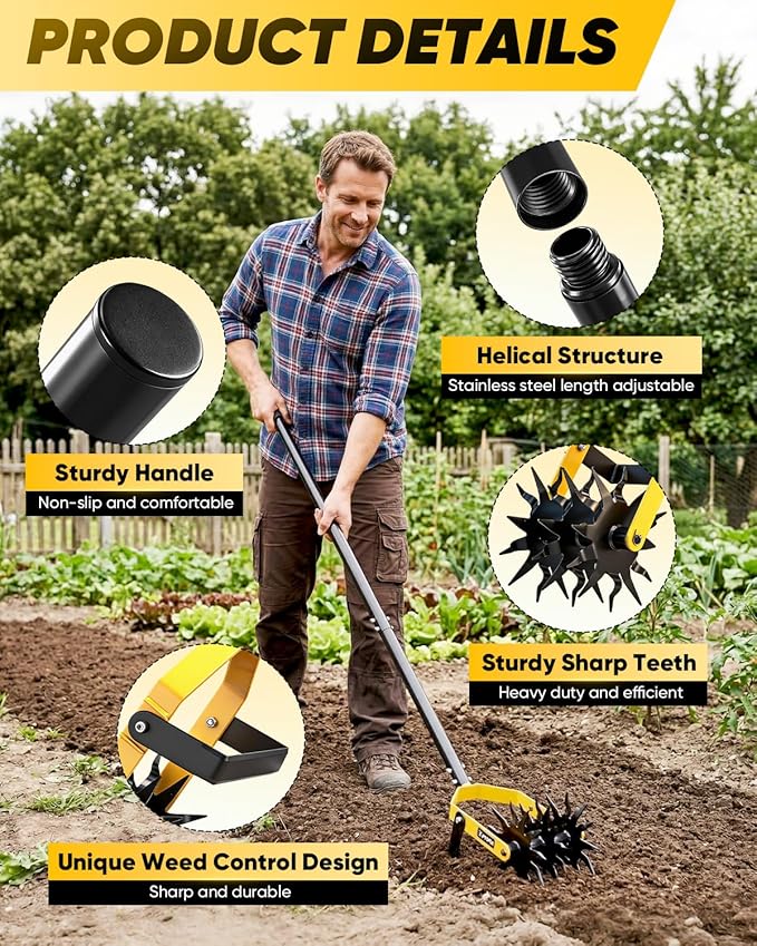 SAKER Rotary Cultivator Hand Tiller Tool – 2-in-1 Manual Garden Tiller & Weeder with Adjustable 72.4in Long Handle, 3-Blade Steel Rotary, Heavy Duty Soil Cultivator for Raised Beds, Yard & Garden
