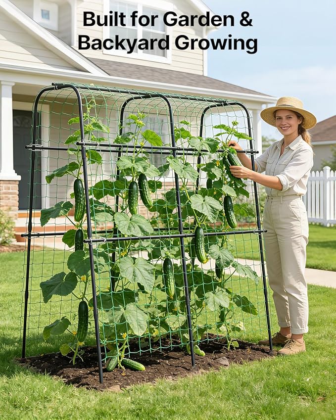 Suteck Cucumber Trellis for Raised Bed – 63" Tall Arch U-Shaped Metal Garden Trellis for Climbing Vegetables, Easy Assembly Plant Support for Home Gardeners