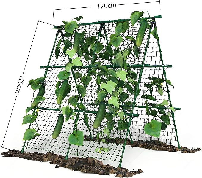 Garden Trellis for Climbing Plants, 4x4 ft Metal A-Frame with Support Netting, Outdoor Vegetable Trellis for Tomatoes Cucumbers Peas Beans Grape Vines, Fits Raised Beds, Green