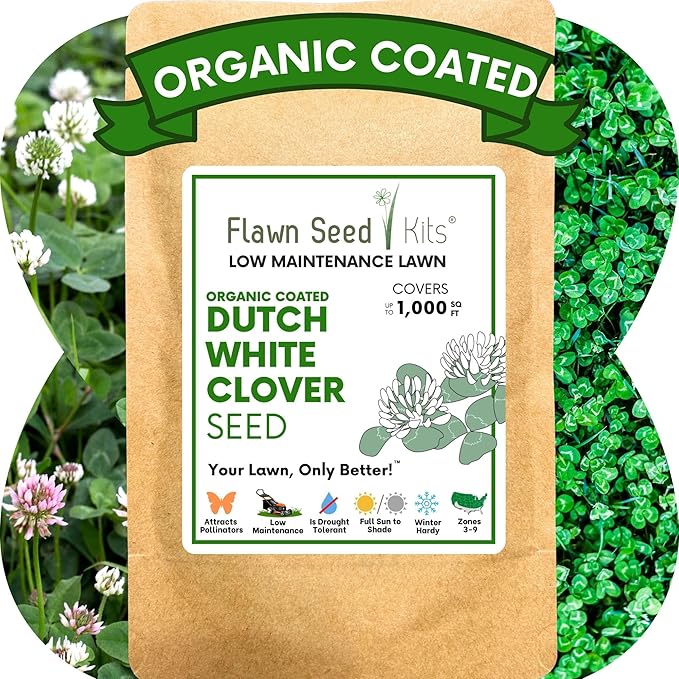 Flawn Seed Kits White Dutch Clover Seed, 4.4 Oz, Organic Coated, Natural Lawn, Ground Cover, Hunting Food Plot, Covers up to 1,000 SqFt