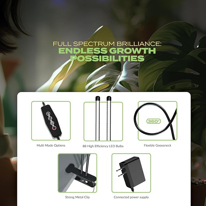 Bloom Lume LED Grow Lights for Indoor Plants Full Spectrum - Features Multi Mode Color Spectrums, Dimmable, Auto Timer, Clip on Goosneck Plant Lamp