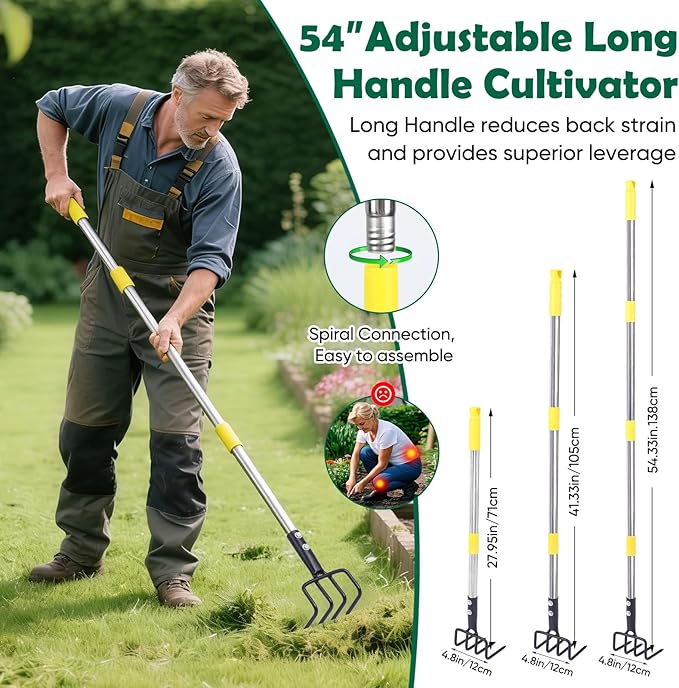 Garden Hand Tiller Cultivator, 4-Tine Adjustable Long Handle, Heavy Duty Weeding Tool for Raised Beds, Rust-Resistant Soil Loosener for Flower & Vegetable Gardens