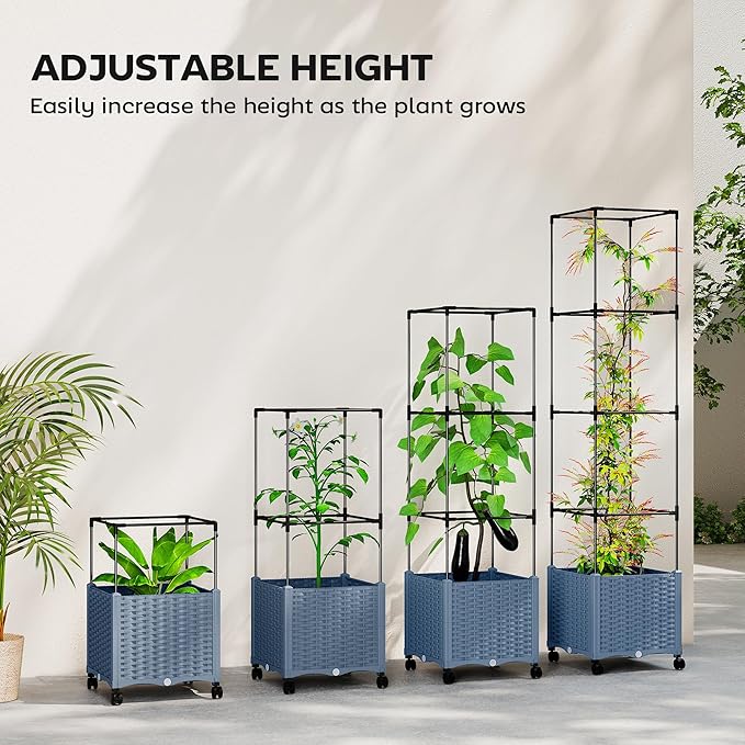 Outsunny Raised Garden Bed with Trellis, 71.7" Tomato Cage with Lockable Wheels, Self Watering Outdoor Planter Box with Drainage Holes and Plugs for Climbing Plants, Vines, Vegetables, Flowers, Gray