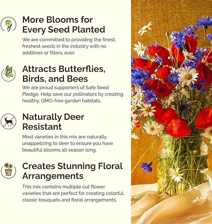 Eden Brothers Back to Basics Flower Mixed Seeds for Planting, 1 lb, 480,000+ Seeds with Cornflower Tall Blue, Corn Daisy | Attracts Pollinators, Plant in Spring or Fall, Zones 3, 4, 5, 6, 7, 8, 9, 10