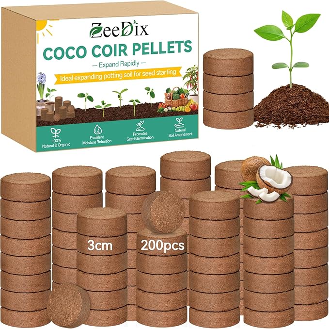 ZeeDix 200pcs(30mm) Coco Coir Pellets Potting Soil Indoor Plants, Compressed Coconut Coir Soil Pellets Seed Starting Pellets Discs for Planting Flowers Bonsai Herbs Plants and Vegetables