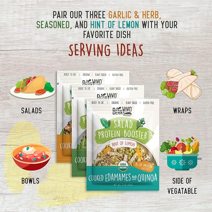 BeanVIVO - Variety 3 Pack Salad Protein Boosters - Seasoned, Garlic & Herbs, Edamame - Delivering a burst of taste and 10g of protein-packed goodness in every pouch 5oz pouches each