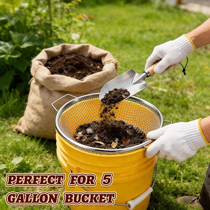 5PCS Soil Sifter, Gardening Soil Sifter with Handle Rock Compost Sifting Screen for 5 Gallon Buckets Garden Metal Sieve Strainer with Shovel 2,4,6,8,10mm Mesh Sizes Remove Stone Fine Gravel Sand Dirt