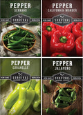 4 Variety Pack Pepper Seed Collection | Jalapeño, Serrano, Cubanelle & California Wonder | Heirloom Non-GMO Hot & Sweet Peppers | Survival Garden Seeds