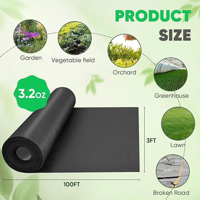 Non-Woven Thick Weed Barrier Fabric 3FT x 100FT, 3.2 oz Heavy Duty Weed Barrier Landscape Fabric, Ground Cover for Superior Weed Control, Easy Setup for Gardens, Landscaping, Flower Beds