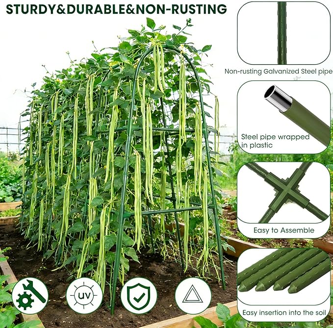 Garden Arch Trellis for Climbing Plants, PVC Support Frame with Netting, Outdoor Growing Structure for Vegetables, Vines, Flowers, Raised Bed Compatible (Green, 33 * 33 * 48inch (L*W*H))