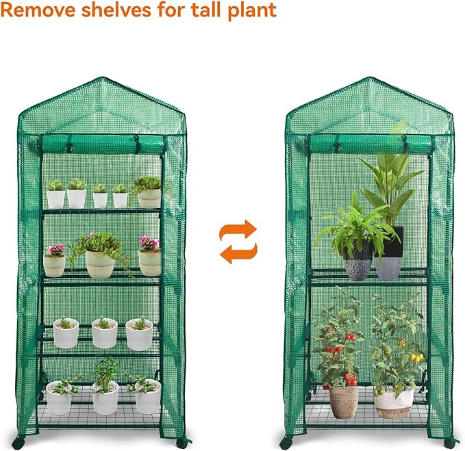 Mini Greenhouse,4 Tier Small Portable Greenhouses Kit with Caster Wheels and Roll-up Zipper PE Cover,Green House for Indoor Outdoor Seedling and Plant Growing 27.6" L x 19.7" W x 65" H,Green
