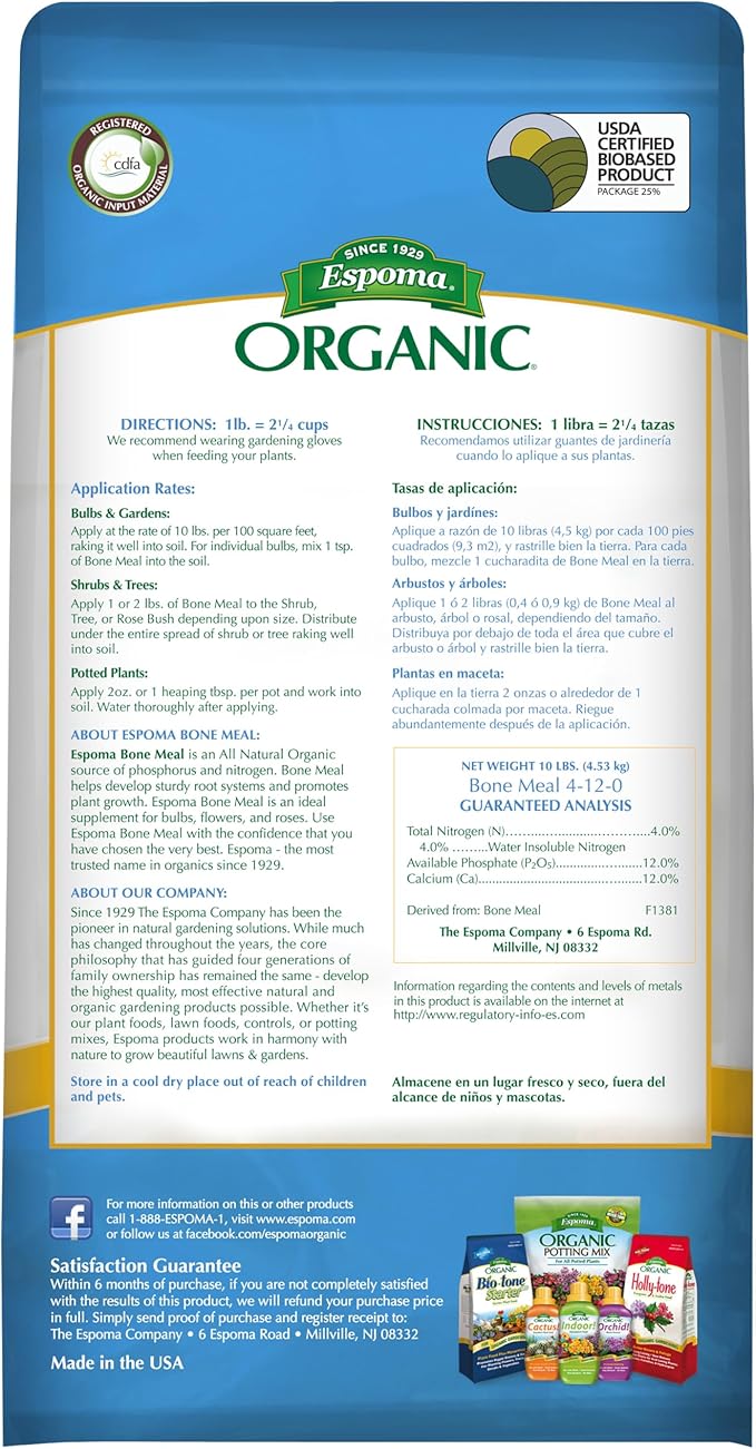 Espoma Organic Bone Meal Fertilizer 4-12-0. All-Natural Plant Food Source of Nitrogen and Phosphorus for Organic Gardening. for Bulbs & Other Flowering Plants. 8 lb. Bag. Pack of 1
