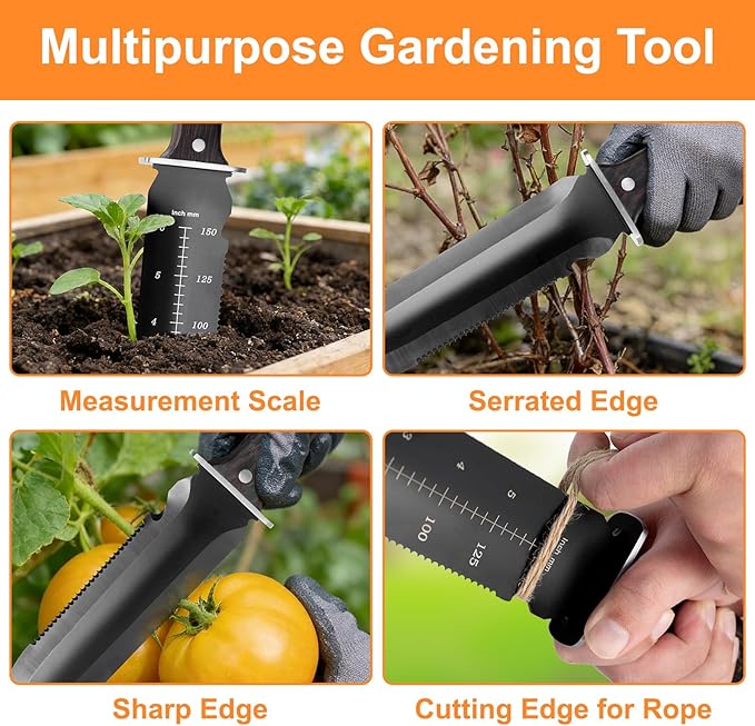 Hori Hori Garden Knife, Garden Tools with Sheath for Weeding, Planting, Digging, 7in/18.5cm Stainless Steel Blade, Full-Tang Walnut Wood Handle with Hanging Hole, Wooden Handle