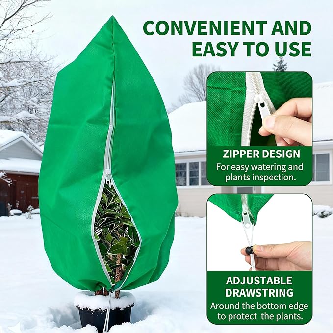 Spring Plant Covers Wind and Frost Protection, Reusable & Breathable Non-Woven Fabric Plant Covers with Zipper Drawstring to Protect Trees, Garden Flower, 5 Pack, Green, 31.5" x 47.3"