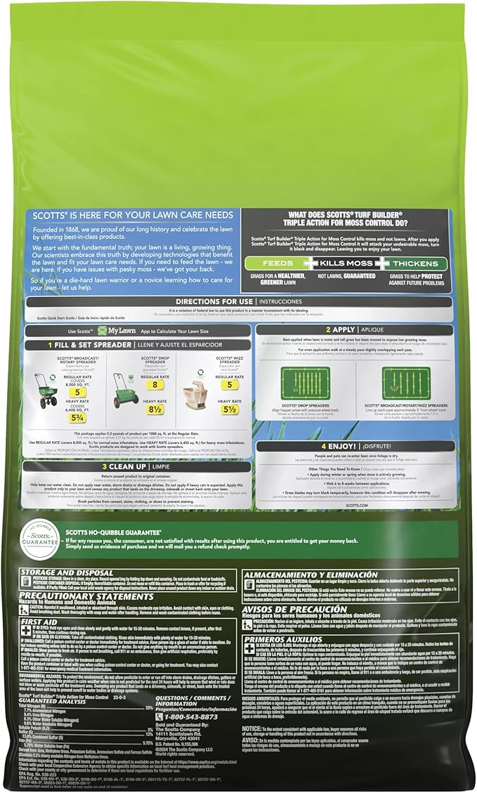 Scotts Turf Builder Triple Action for Moss Control - Moss Killer and Lawn Fertilizer, Lawn Care, Covers Up to 8,000 sq. ft., 40 lb.