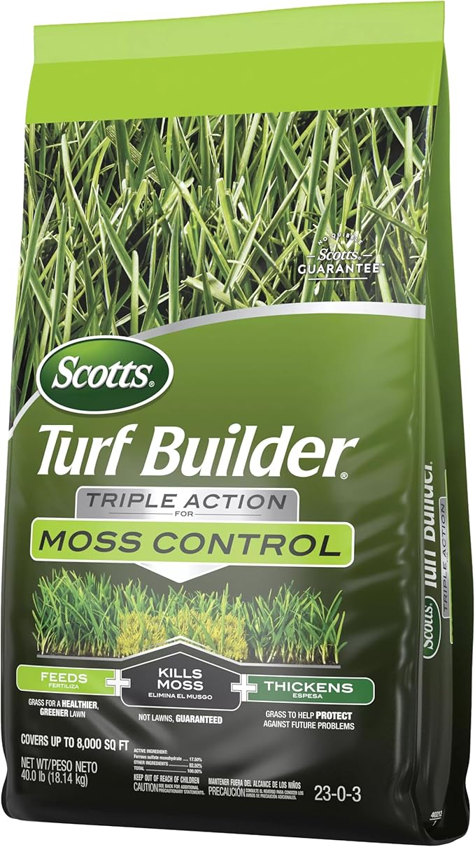 Scotts Turf Builder Triple Action for Moss Control - Moss Killer and Lawn Fertilizer, Lawn Care, Covers Up to 8,000 sq. ft., 40 lb.