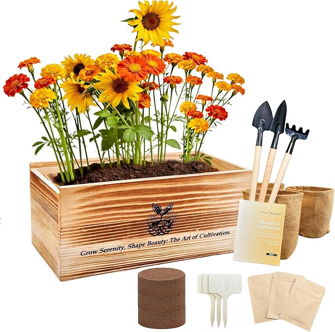 Flower Growing Kits, Windowsill Planting Kit with Planting Bags, Coir Soil & Tools Indoor Gardening Starter Kit with Seed(Sunflower, Zinnias & Marigold) Flower Gardening Gifts for Women & Men